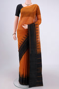 Mustard Kanchi Cotton Saree with Checked design on the body and Zari Border.  displayed on a mannequin
