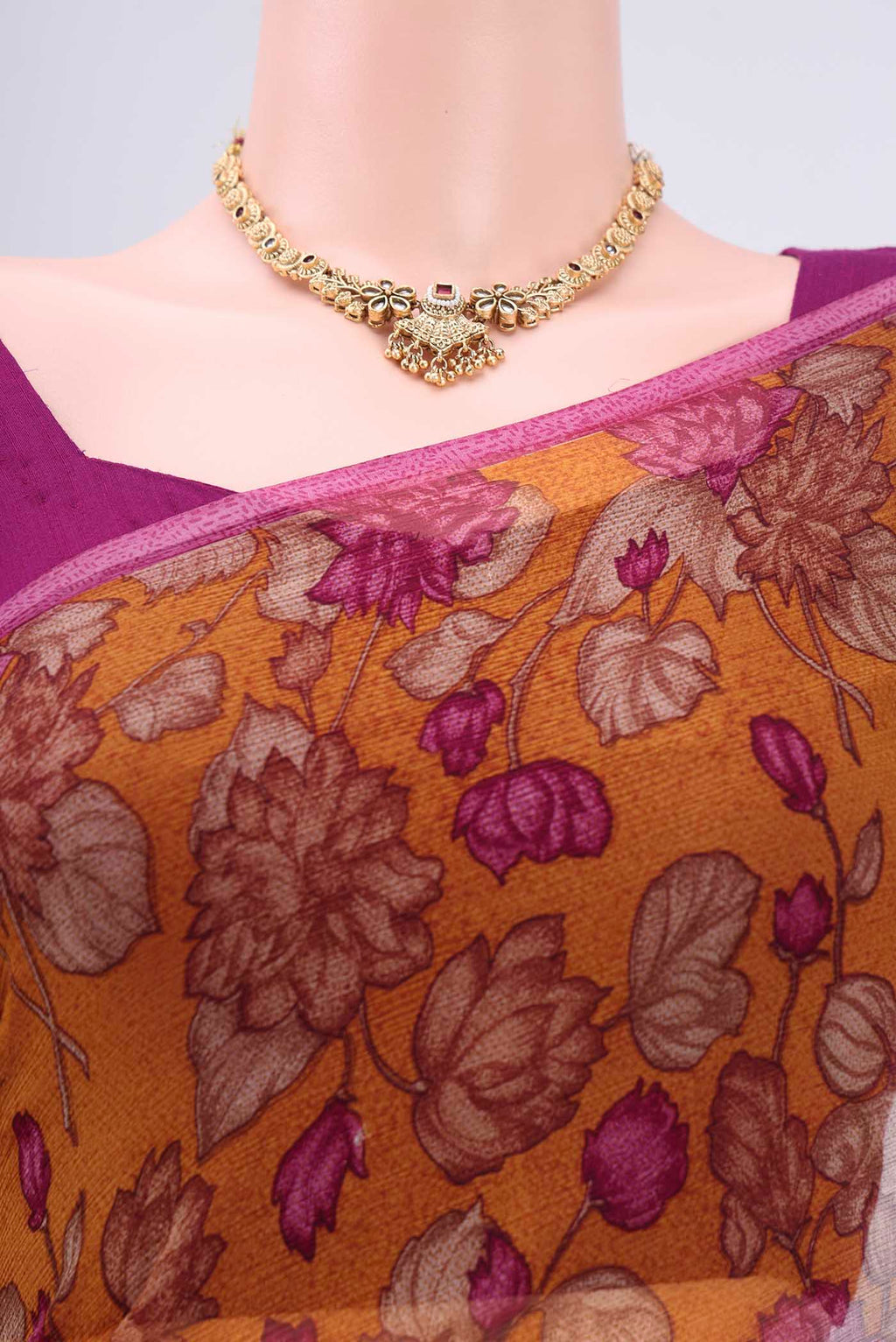 Border image of Mustard Mysore Chiffon Saree with Floral Print on the body and Without Border. 