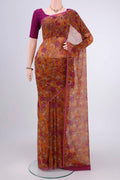 Mustard Mysore Chiffon Saree with Floral Print on the body and Without Border.  displayed on a mannequin