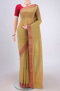 Golden Mangalagiri Cotton Saree with Plain Body and Zari Border.  displayed on a mannequin