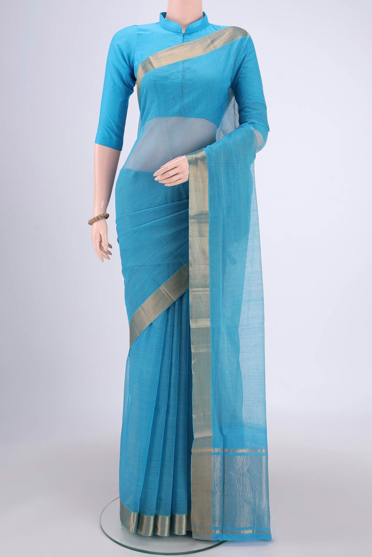 Blue Mangalagiri Cotton Saree with Plain Body and Zari Border.  displayed on a mannequin