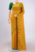 Mustard Dual Tone Kanchipuram Silk Saree with Plain Body and Zari And Thread Border.  displayed on a mannequin