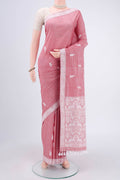 Pink Assam Cotton Saree with Thread Butta on the body and Plain Border.  displayed on a mannequin