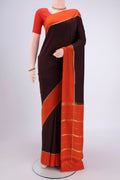 Pure Silk Pure Zari Brown Mysore Crepe Saree with Plain Body and Zari Border.  displayed on a mannequin