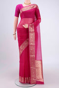 Pink Organza Silk Saree with Plain Body and Zari Border.  displayed on a mannequin