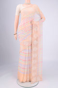 Peach Mysore Chiffon Saree with Checked design on the body and Thread Border.  displayed on a mannequin