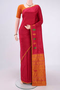 Maroon Dual Tone Kanchipuram Silk Saree with Plain Body and Thread Border.  displayed on a mannequin