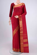 Maroon Kanchipuram Silk Saree with Plain Body and Zari Border.  displayed on a mannequin