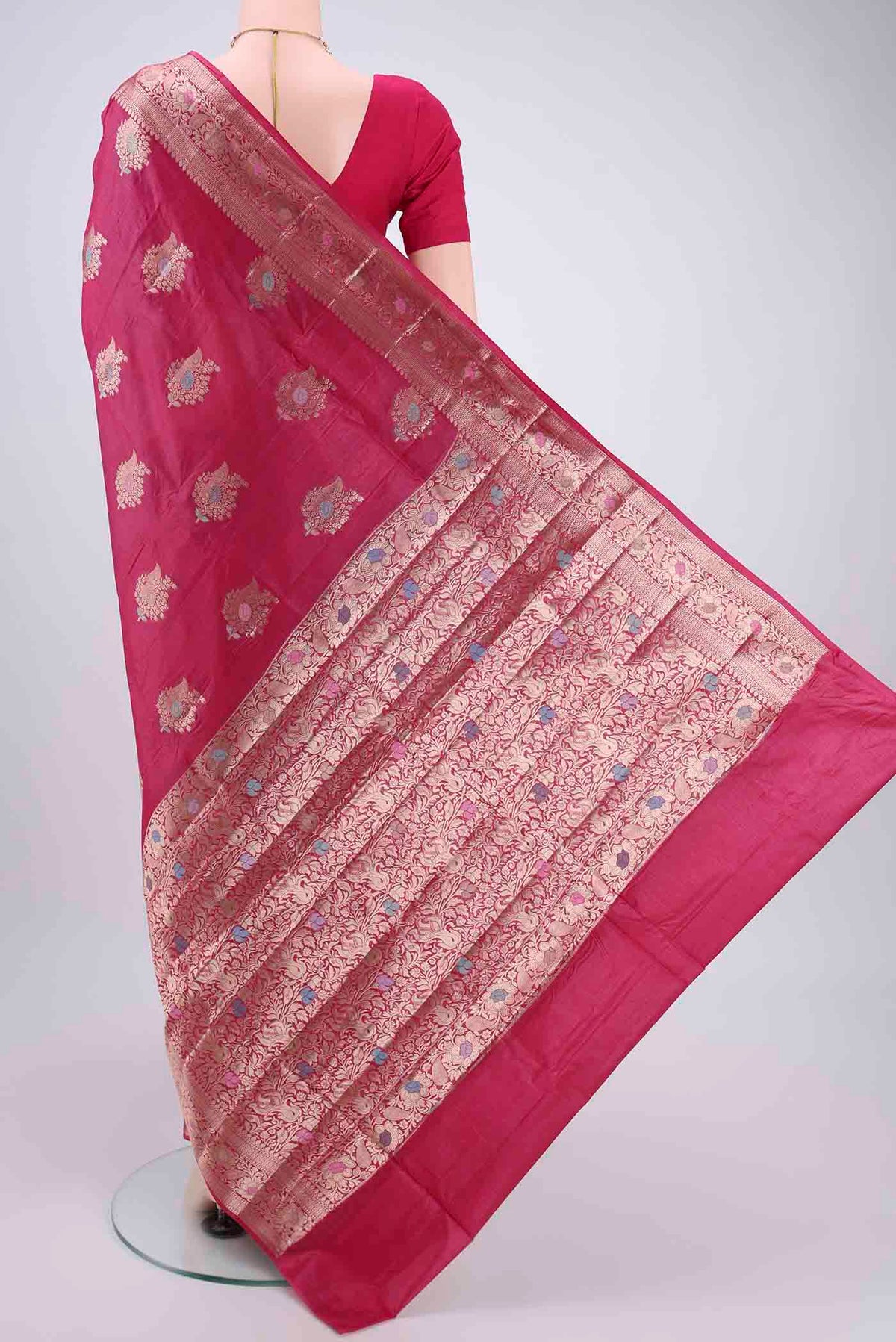 Flat view of Pink Banarasi Tussar Silk Saree with Zari And Thread Butta on the body and Zari And Thread Border. 