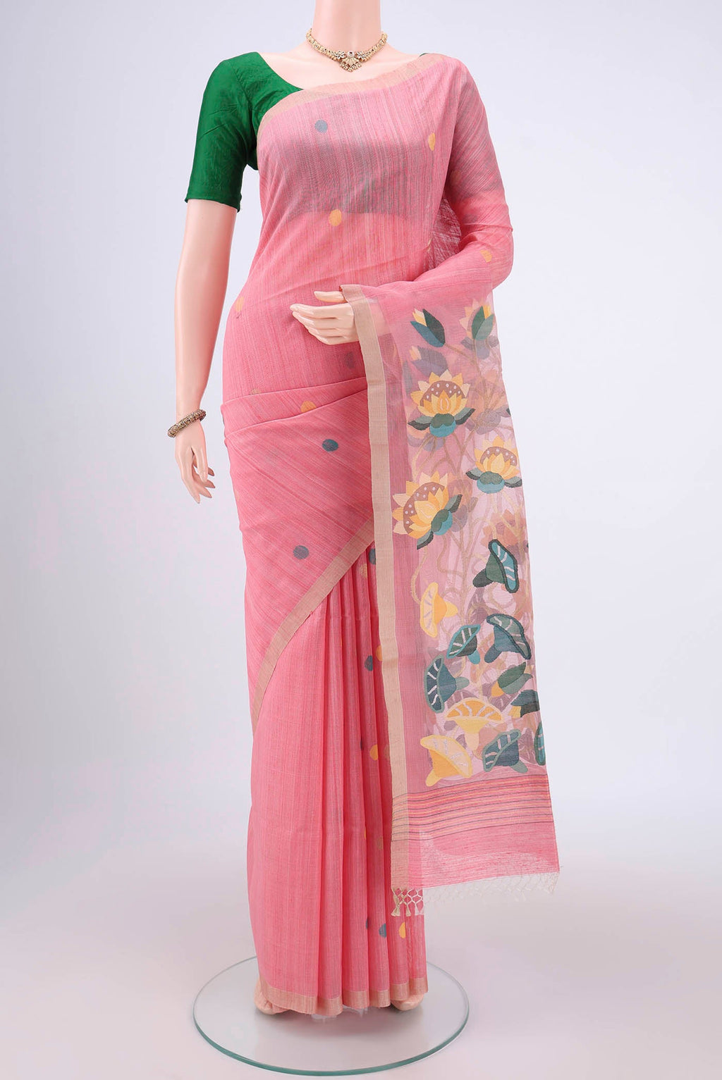 Pink Tussar Saree with Jamdani on the body and Thread Border.  displayed on a mannequin