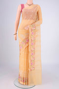 Sandal Blended Kota Cotton Saree with Embroidery on the body and Thread Border.  displayed on a mannequin