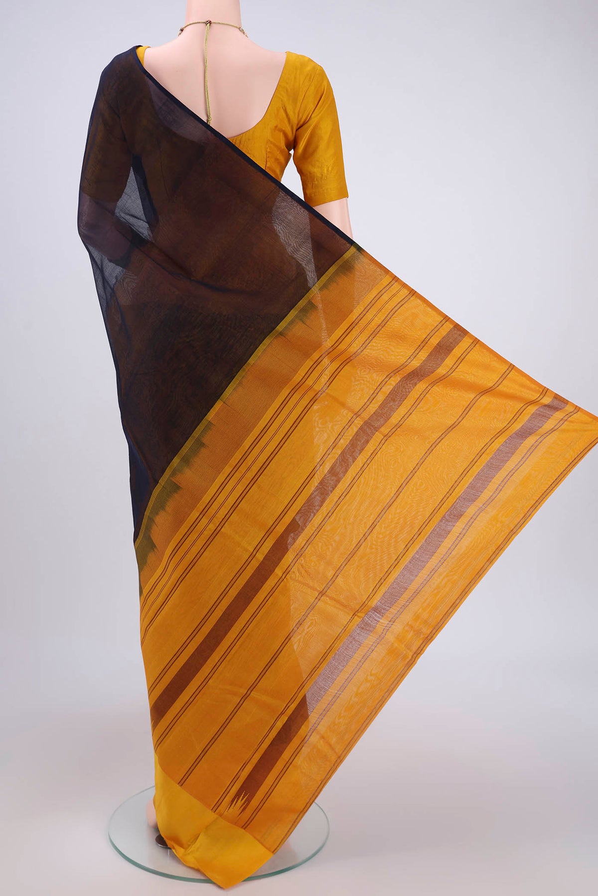 Flat view of Navy Blue Kanchi Cotton Saree with Plain Body and Silk Border. 