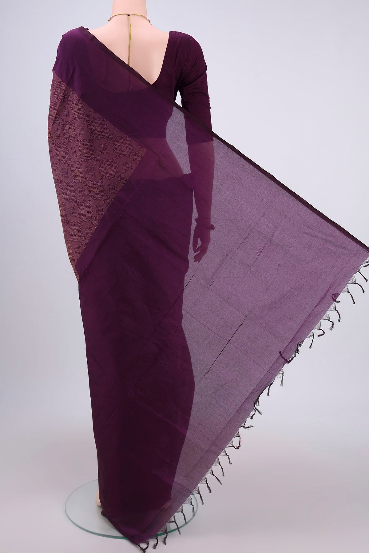 Flat view of Purple Blended Poly Cotton Saree with Jacquard design on the body and Plain Border. 