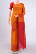 Mustard Blended Poly Cotton Saree with Checked design on the body and Thread Border.  displayed on a mannequin