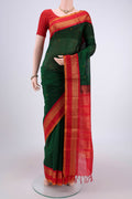 Red Coimbatore Silk Cotton Saree with Stripes on the body and Plain Border.  displayed on a mannequin