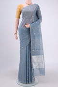 Sky Blue MP Tussar Saree with Zari Butta on the body and Zari Border.  displayed on a mannequin