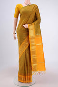 Mehandi Green Dual Tone Kanjivaram Silk Saree with Zari Butta on the body and One Side Border.  displayed on a mannequin