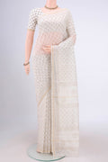 Off White Maheshwari Silk Cotton Saree with Printed design on the body and Thin Zari Line.  displayed on a mannequin