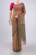 Beige Coimbatore Cotton Saree with Stripes on the body and Thread Border.  displayed on a mannequin
