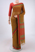 Mehandi Green Coimbatore Cotton Saree with Stripes on the body and Thread Border.  displayed on a mannequin