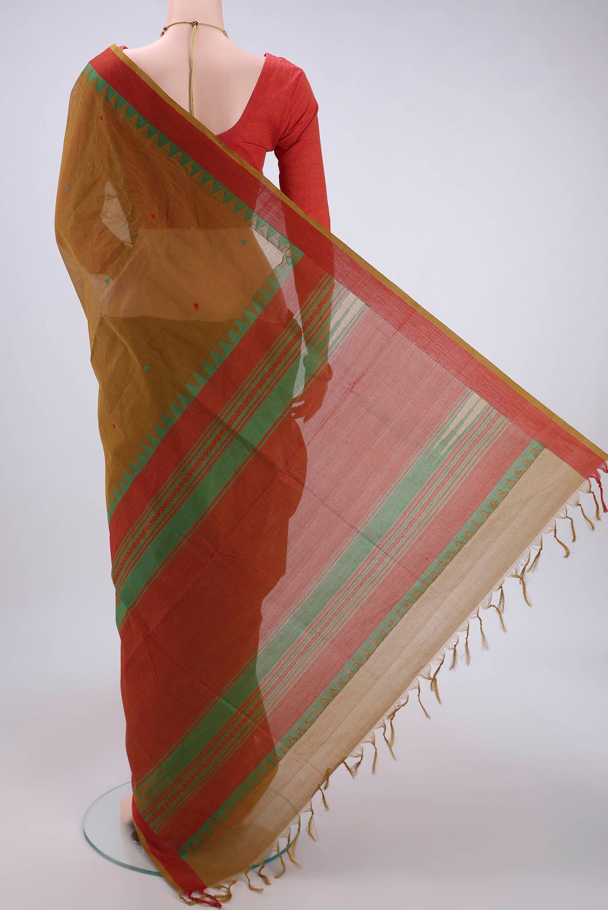 Flat view of Mehandi Green Coimbatore Cotton Saree with Stripes on the body and Thread Border. 