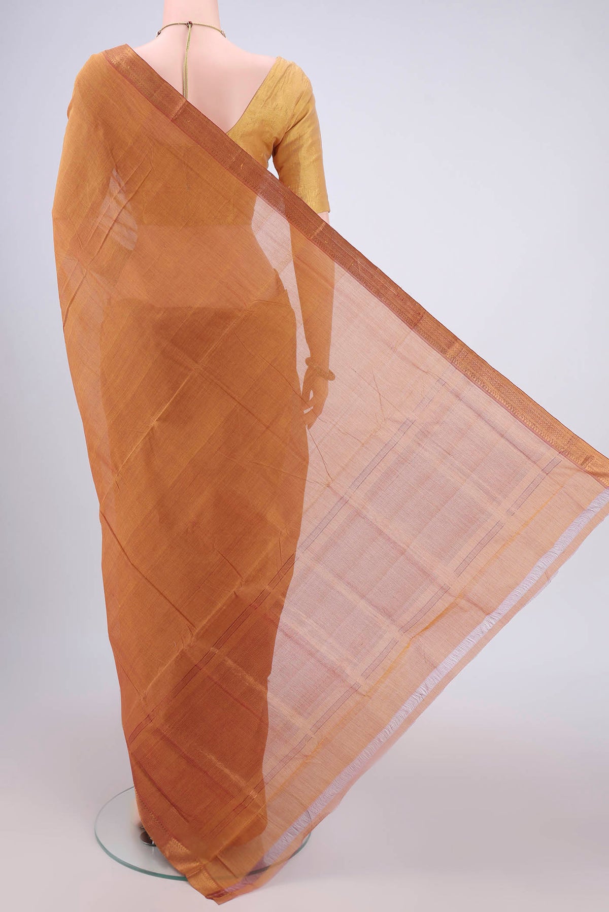 Flat view of Mustard Mangalagiri Cotton Saree with Plain Body and Zari Border. 