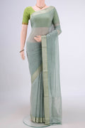 Grey Mangalagiri Cotton Saree with Checked design on the body and Zari Border.  displayed on a mannequin