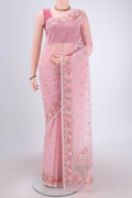 Pink Kota Cotton Saree with Embroidery on the body and Thread Border.  displayed on a mannequin
