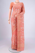 Peach Blended Kota Cotton Saree with Embroidery on the body and Thread Border.  displayed on a mannequin