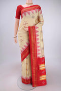 Cream Bangalore Silk Saree with Embroidery on the body and Temple Border.  displayed on a mannequin
