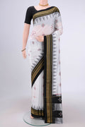 White Bangalore Silk Saree with Embroidery on the body and Temple Border.  displayed on a mannequin