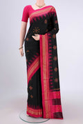 Black Bangalore Silk Saree with Embroidery on the body and Temple Border.  displayed on a mannequin