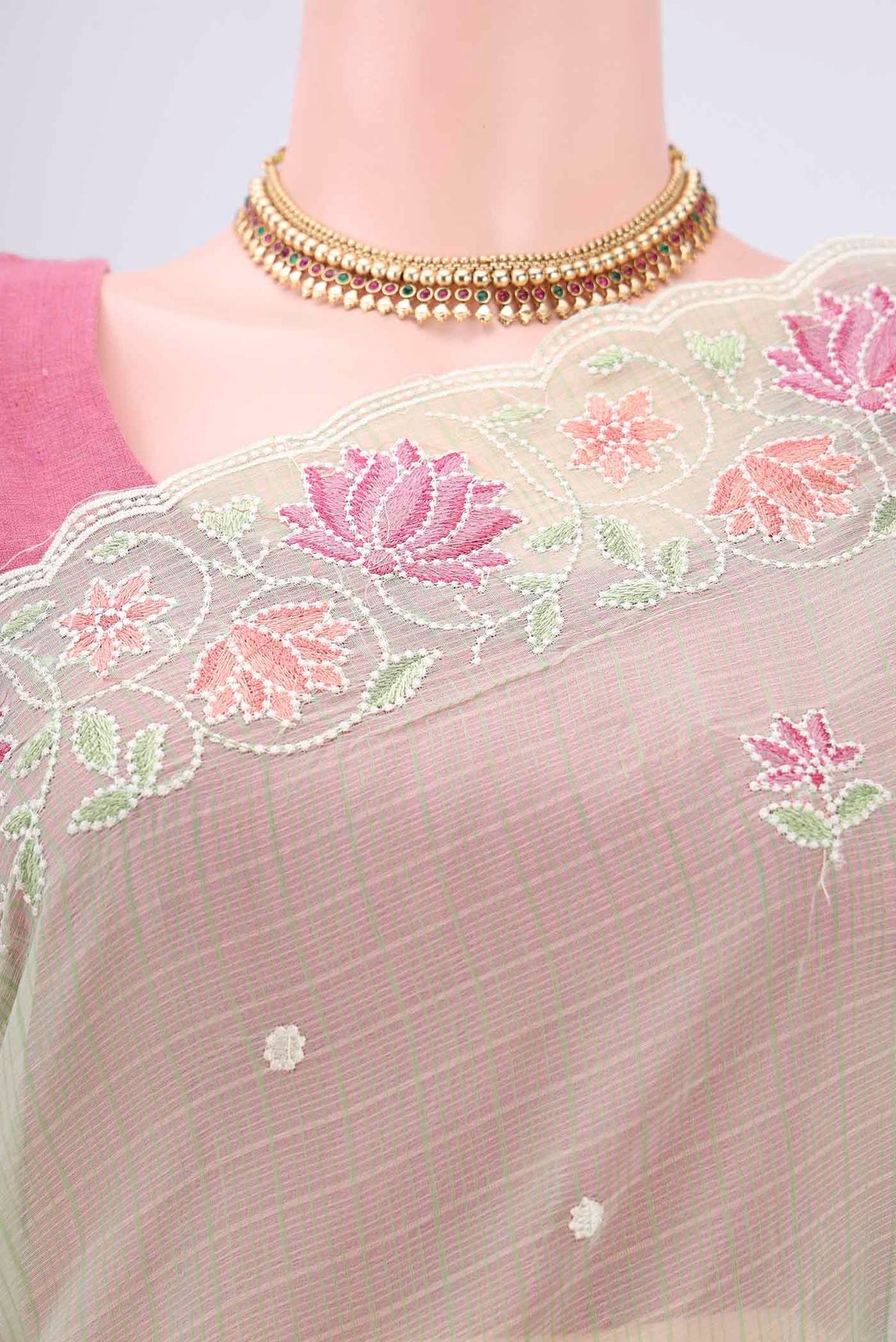 Border image of Light Green Kota Cotton Saree with Embroidery on the body and Thread Border. 
