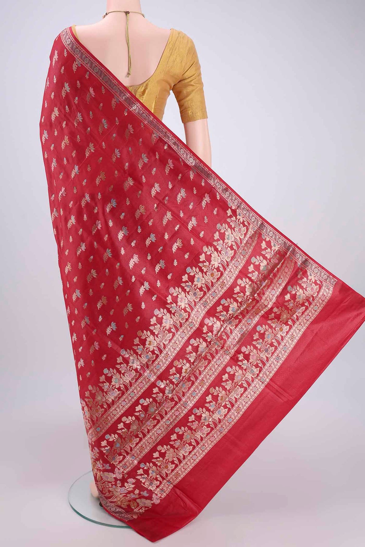 Flat view of Orange Banarasi Tussar Silk Saree with Thread Brocade on the body and Zari And Thread Border. 