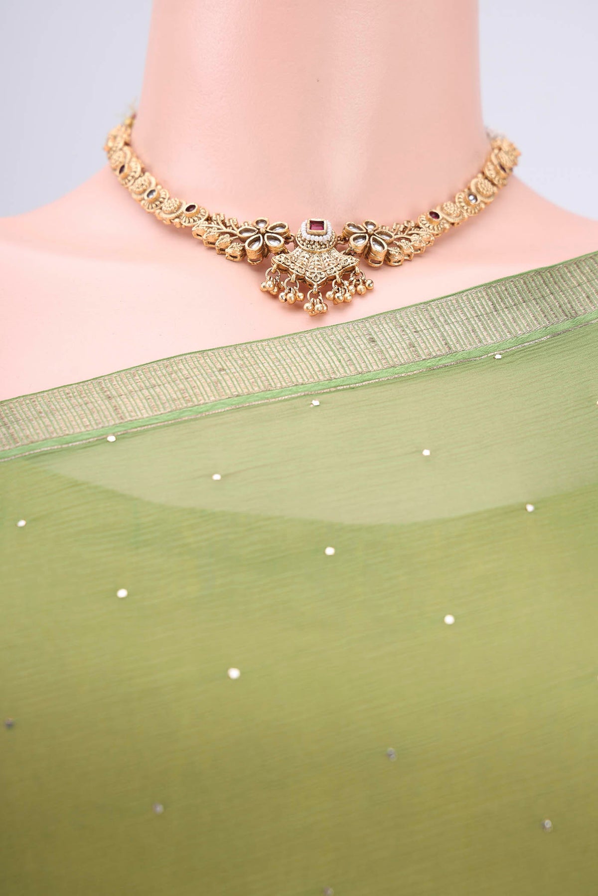 Border image of Light Green Mysore Chiffon Saree with Embroidery on the body and Zari Border. 