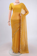 Mustard Dual Tone Mysore Chiffon Saree with Embroidery on the body and Zari Border.  displayed on a mannequin
