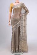 Davys Grey Mysore Georgette Saree with Embroidery on the body and Zari Border.  displayed on a mannequin