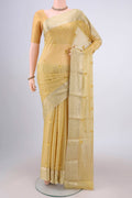 Yellow Mysore Georgette Saree with Embroidery on the body and Zari Border.  displayed on a mannequin