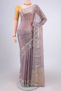 Lavender Mysore Georgette Saree with Embroidery on the body and Zari Border.  displayed on a mannequin