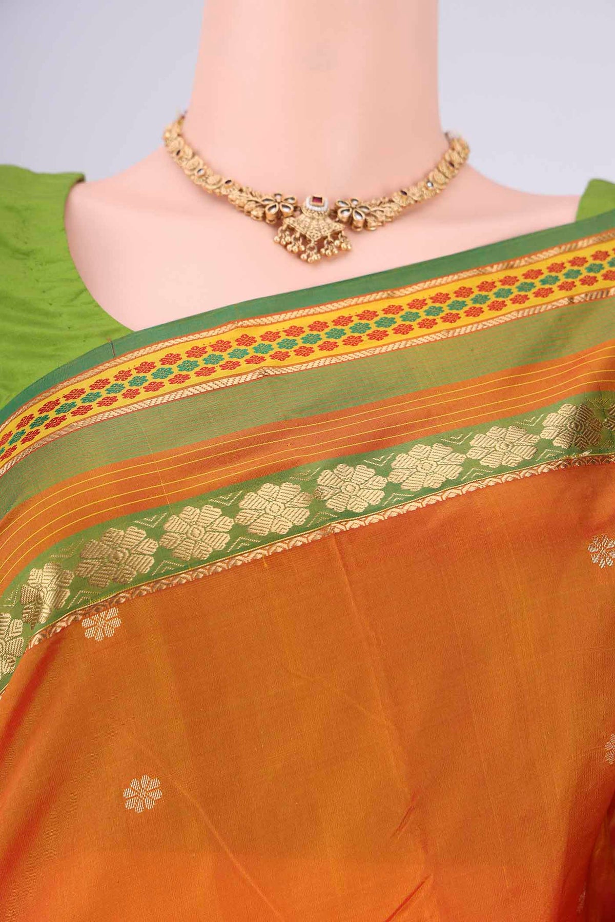 Border image of Brick Orange Blended Bangalore Silk Saree with Jacquard design on the body and Zari Border. 