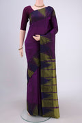 Purple Blended Bangalore Silk Saree with Plain Body and Temple Border.  displayed on a mannequin