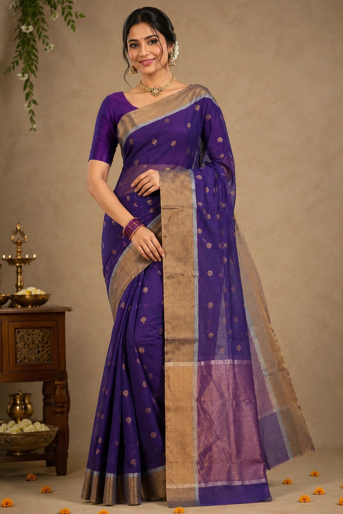 Model wearing a Violet Chanderi Silk Cotton Saree with Zari Butta on the body and Zari Border.