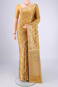 Yellow Banarasi Tussar Silk Saree with Zari Brocade on the body and Zari And Thread Border.  displayed on a mannequin
