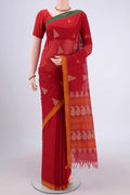 Deep Red Coimbatore Cotton Saree with Thread Butta on the body and Thread Border.  displayed on a mannequin
