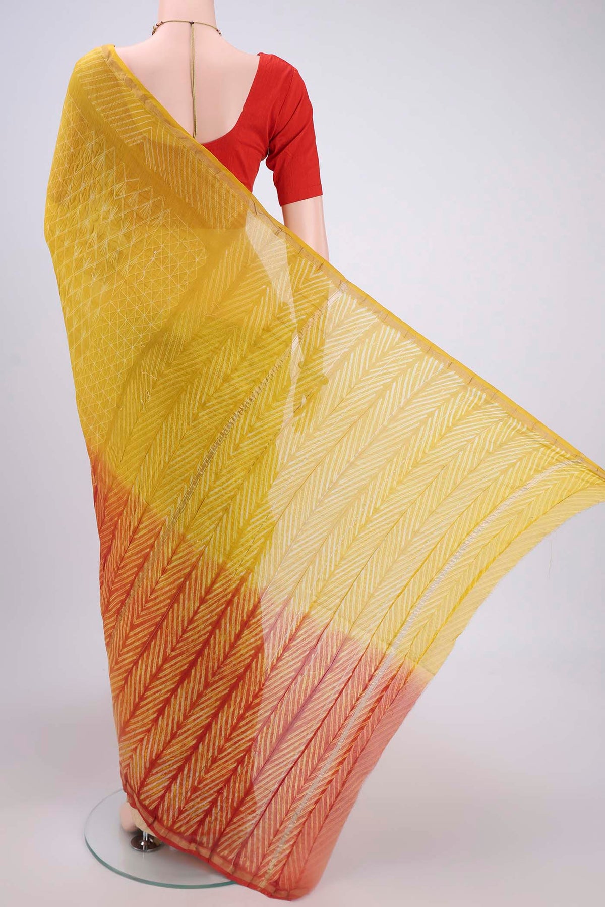 Flat view of Lemon Yellow Dual Tone Chanderi Silk Saree with Half And Half on the body and Thin Zari Line. 