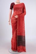 Rust Dual Tone Chanderi Silk Saree with Printed design on the body and Thin Zari Line.  displayed on a mannequin