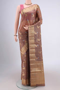 Brown Banarasi Tussar Silk Saree with Zari Brocade on the body and Zari Border.  displayed on a mannequin