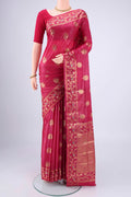 Rani Pink Banarasi Tussar Silk Saree with Zari And Thread Butta on the body and Zari And Thread Border.  displayed on a mannequin