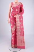 Pink Banarasi Tussar Silk Saree with Zari And Thread Butta on the body and Zari And Thread Border.  displayed on a mannequin