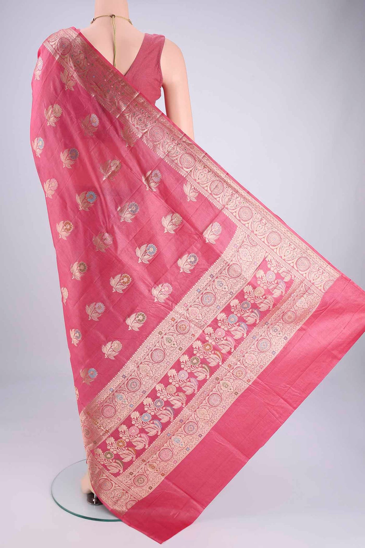 Flat view of Pink Banarasi Tussar Silk Saree with Zari And Thread Butta on the body and Zari And Thread Border. 